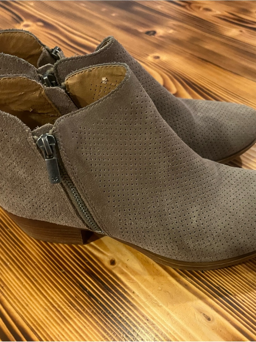 Lucky Brand Taupe Suede Perforated Ankle Bootie with Side Zip
